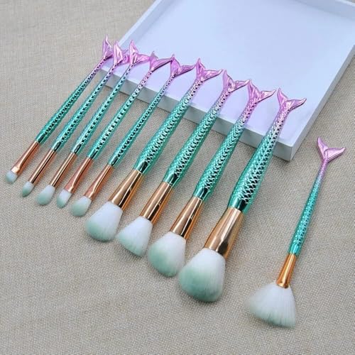Image of ELEGAR Colorful Fish Tail Handle Makeup Brush Set - Foundation, Eyebrow, Eyeliner, Blush, and Concealer Brushes - Cute Christmas Stocking Stuffers and Gifts for Girls (10 pcs makup kit)