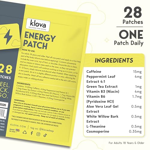 Image of Klova Energy Patches with Caffeine, Green Tea Extract, Peppermint Leaf Extract, Vitamin B3 and Vitamin B6 - for Enhanced Morning Wakefulness
