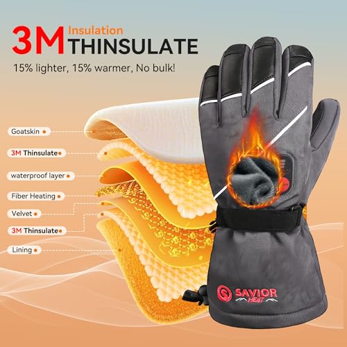 Image of SAVIOR HEAT Heated Gloves for Men Women, Rechargeable Electric Heated Leather Skiing and Snowboarding Gloves