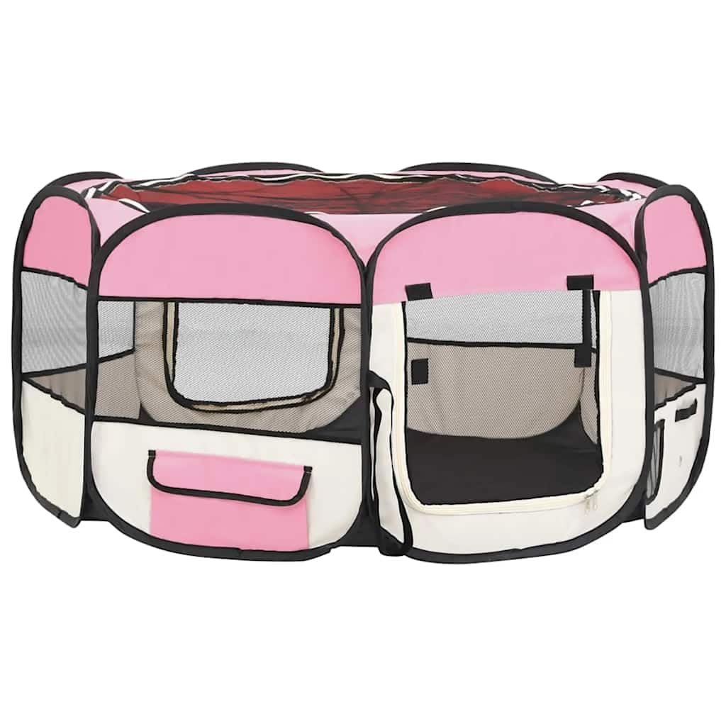 Welpenlaufstall faltbar für Hunde und Kleintiere, mobiler Tierlaufstall mit Tragetasche, Welpengitter Freigehege für drinnen und Reisen, Rosa und Creme, 145x145x61 cm