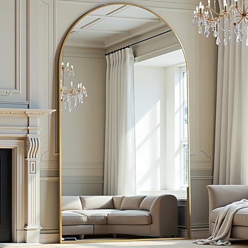 Image of Prywot Full Length Mirror, Oversized 77 inchx38 inch Arched-Top Floor Mirror, Gold
