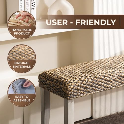 Image of Solid Wood Acacia Indoor Bench with Natural Woven Water Hyacinth Seat, Wood Bench for Living Room or Entryway, Vintage Bench, Fishbone Style, Plait Style with Grey Leg