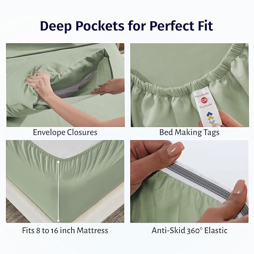 Image of California Design Den Egyptian Percale Sheets King Size Set - Certified 100% Egyptian Cotton, Lightweight Percale King Size Sheet Set with Deep Pockets, Crisp & Durable Bedding - Pale Sage Green