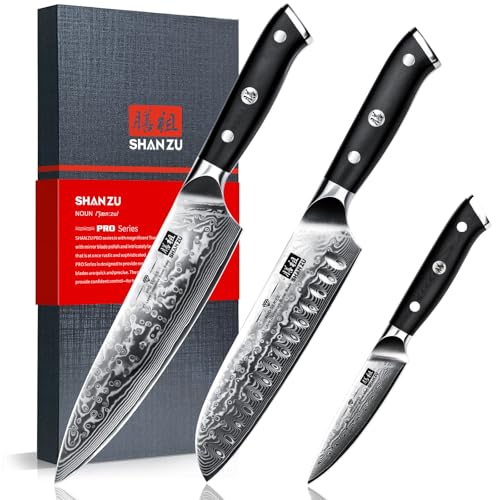 SHAN ZU Damascus Knife Set of 3 PCS Japanese Damascus Steel 67 Layers Kitchen Knives Set High Carbon Professional Ultra-Sharp Chef Knife Set Ultra Sharp Cooking Utility Knife Set with G10 Handle