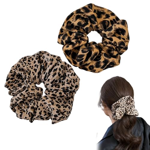 YUZNA Chouchous Douceur,2 pièces,Forte Tenue et Extra Large,Gros Chouchou en Satin,Scrunchies,Bandes Elastiques Epaisses,Leopard,pour Cheveux Épais,Filles et Femmes (motif léopard)