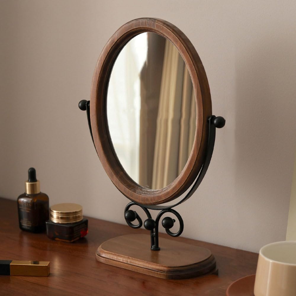 Hosoncovy Oval Wooden Desktop Mirror with Stand Tabletop Vanity Makeup Mirror Free Standing for Bathroom Bedroom (Brown - Black Leg)