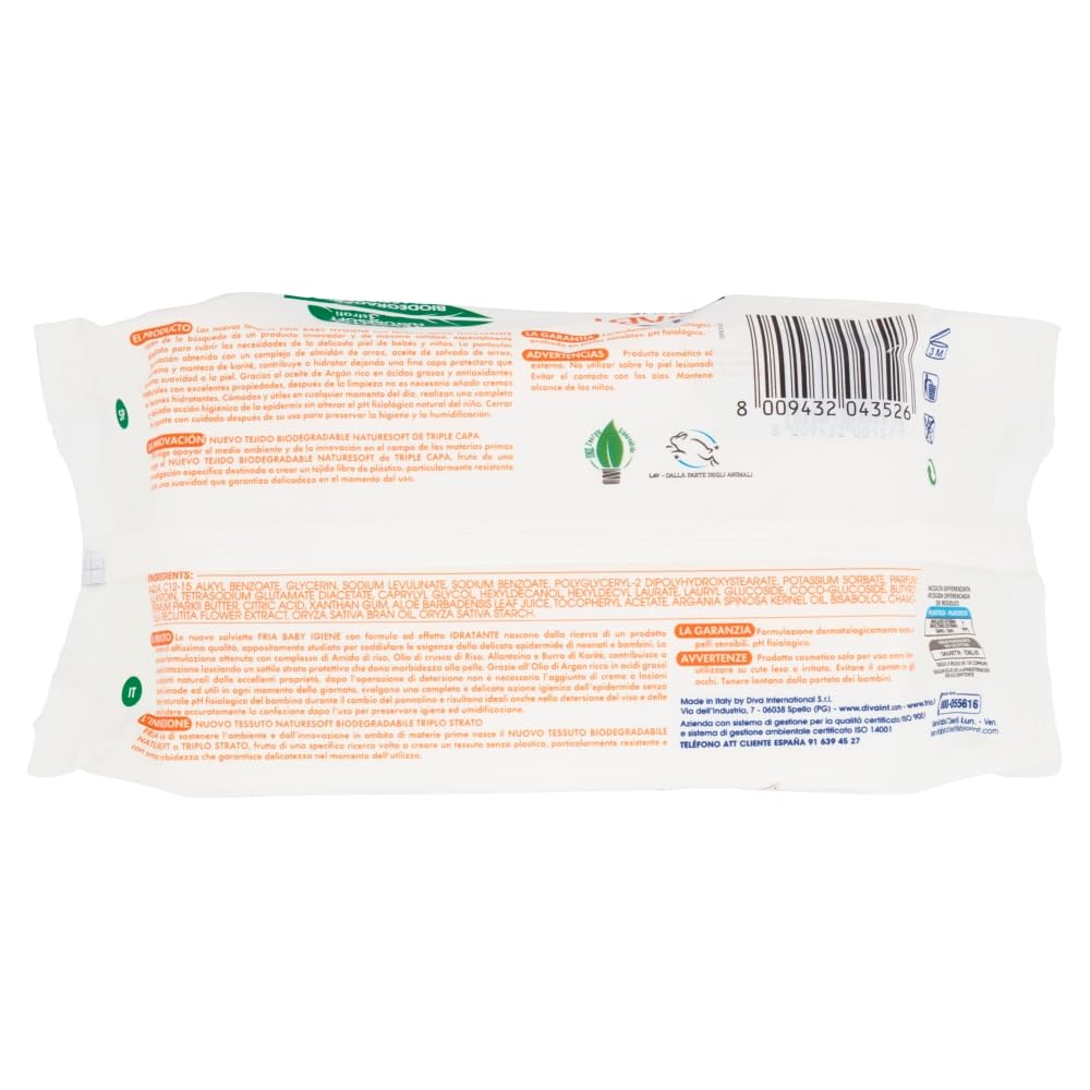 Fria Baby Salviette per Cambio Pannolino con Olio di Argan e Nutrimilk, Idratanti, 70 Pezzi