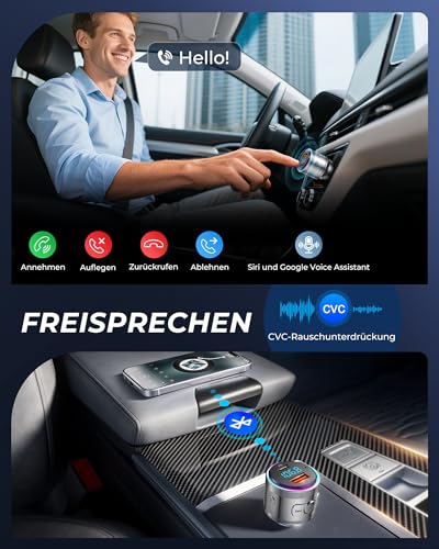 LENCENT 48W FM Transmitter Auto Bluetooth 5.3, Ganzmetall PD 30W & QC3.0 18W Schnelle Autoladegerät...