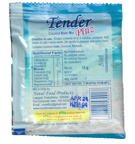 Image of Tender Pluz Coconut Water Mix | Get Refreshed Naturally | Nariyal Pani | No Preservatives, Artificals Colours & Flavours, Cholesterol | Makes 250ml per Sachet, 15g x 60 Sachets