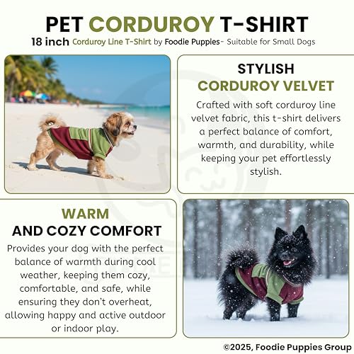 Image of Foodie Puppies Corduroy Line Velvet Pocket T-Shirt Warm Sweater Jacket - (18 inch, Olive & Maroon) for Small Breeds Dogs | Soft, Lightweight Pet Apparel | Stylish, Comfortable, Durable, Stretchable