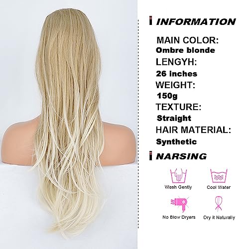 PORSMEER Ponytail Extension,Drawstring Ponytail Hair Extensions Blonde to Platinum Colour 26 Inch Long Natural Straight Wavy End Synthetic Hairpiece for Women Girls Daily Use - Image 2