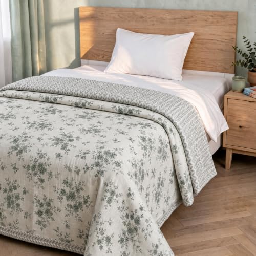 Image of Florida Reversible Cotton Dohar - Single Size (220x160 cm, 90 GSM, Green Floral Pattern), Soft & Lightweight Blanket for All Seasons, Breathable & Skin‑Friendly Fabric