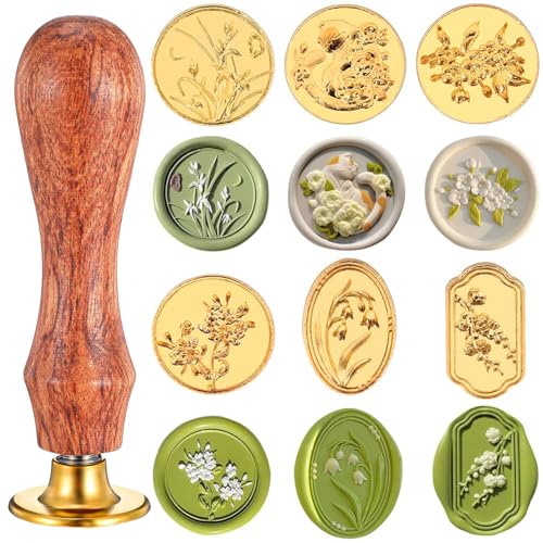 Srvauyea 6 Piezas Juego de Sellos Lacre, Juego de Sellos de Cera, Sello de Cera de Flores, Sellos de Lacre con Mango de Madera para Sobres, Invitaciones, Tarjetas, Regalos