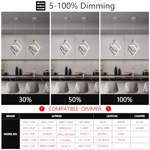 Image of Modern LED Chandelier Chrome Rectangular Pendant Light Fixtures 4000K 20W Dimmable Height Adjustable Pendant Lighting for Dining Room Kitchen Island Bedroom Living Room Foyer(3-Pack)