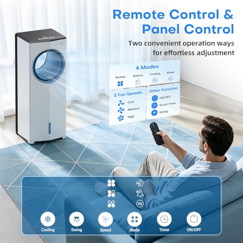Image of Portable Air Conditioner, 1800CFM Windowless Swamp Cooler Air Conditioner w /Dual Tanks for 24H Cooling 600sq.ft,4 Modes&3 Speeds, 28FT Remote, 360Swing 30 inch Evaporative Air Cooler for Bedroom