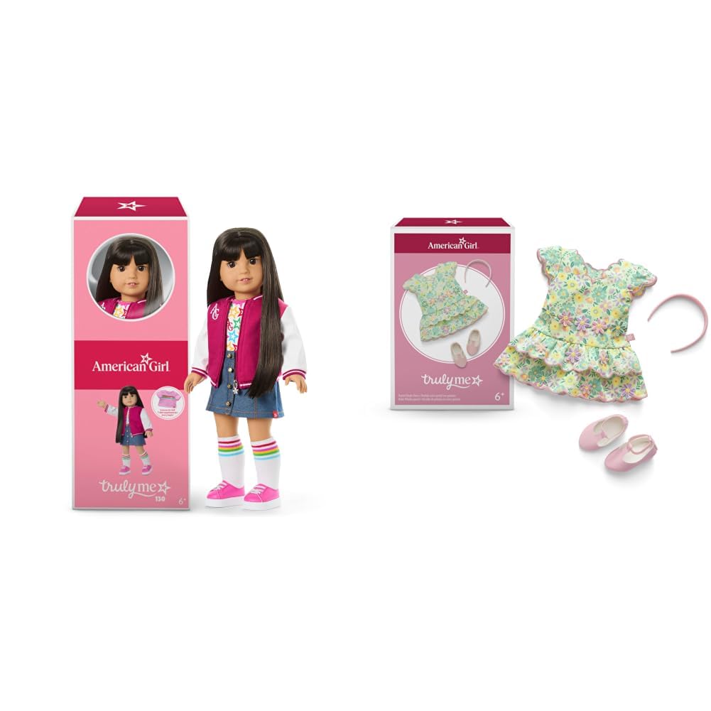 American Girl Truly Me 18-inch Doll #130 with Brown Eyes, Straight Black-Brown Hair, Light-to-Medium Skin + Pastel Petals Dress, with Headband &amp; Flats, Ages 6+ Bundle