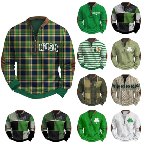 St Patty's Day Shirt Men Irish Graphic Sweatshirt Shamrock Color Block Quarter Zip Long Sleeve Outdoor Holiday Tee4