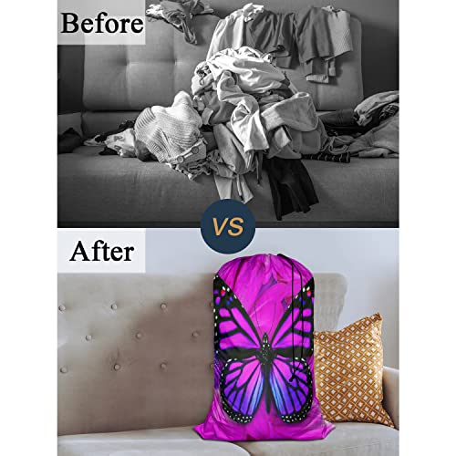 Swono Laundry Bag With Drawstring Closure Purple Butterfly, Foldable, Compact, Lightweight, 28" X 40" Beautiful Animal Wings Floral Petal Packable Dirty Clothes Bag For Home Dorm, Camp, Road Trip #TOP3