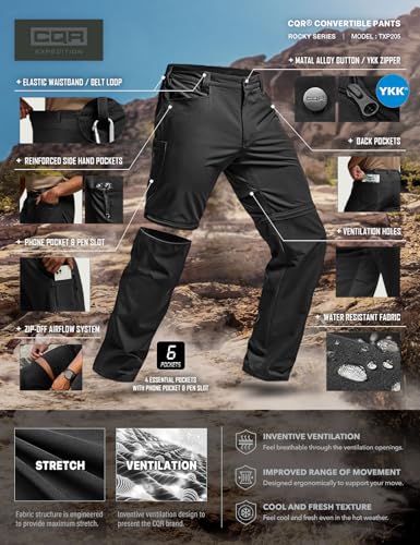 Image of CQR Men's Convertible Cargo Tactical Pants, Water Resistant Outdoor Hiking Pants, Zip Off Lightweight Stretch Work Pants
