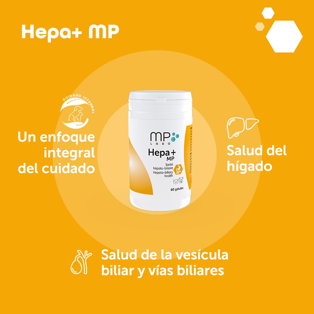 MP Labo Hepa + MP 60 cápsulas para proteger las células hepáticas y el buen funcionamiento del hígado y los conductos biliares en perros y gatos, contiene cardo mariano, ahumado y antioxidantes