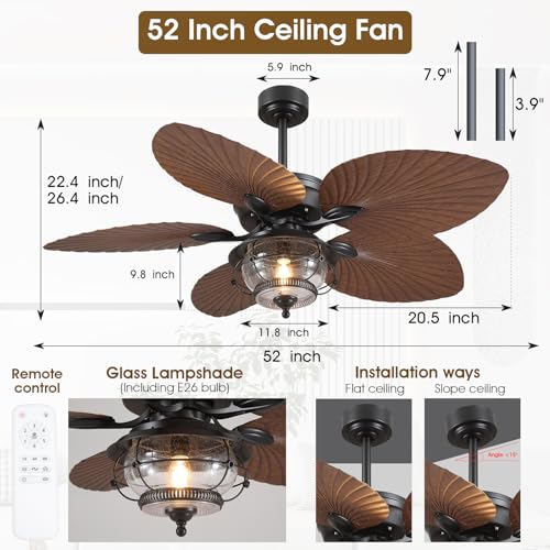 Wiviniya 52 Inch Tropical Ceiling Fan with Light and Remote, Outdoor Waterproof Palm Leaf Ceiling Fan for Patios Porches Gazebos, Wet Rated, Glass Lampshade, 6 Speeds, Quiet, Brown, Bulb Included - Image 5