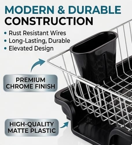 Image of Stainless Steel Dish Drying Rack with Drain Tray, Kitchen Countertop Dish Drainer Basket with Utensil Holder, Plate & Glass Organizer, Rustproof Compact Dish Rack for Kitchen Sink
