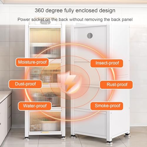 White Kitchen Appliance Storage Cabinet, Pantry Shelf with Transparent Flap Doors, 40x122x36cm, Kitchen Organizer Rack for Small Spaces, Modern Design