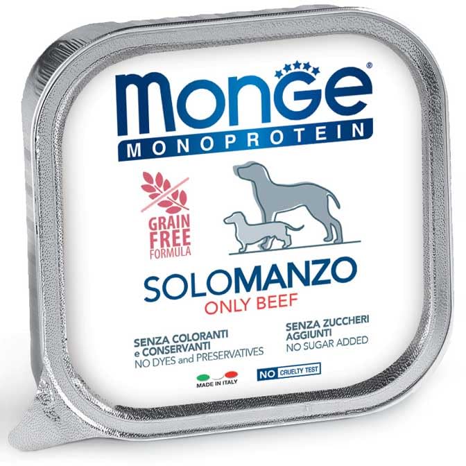 Monge Monoprotein Paté Solo Manzo, Cibo Umido per Cani, Grain Free, Monoproteico, 24 vaschette da 150 g l'uno