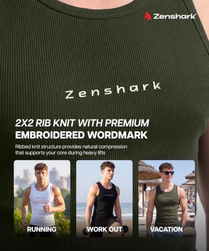 Image of ZENSHARK Gym Vest for Men | Sleeveless T Shirt Sando Tank Top | 2x2 Ribbed Cotton Lycra Ribbed Vest | Round Neck Slim Fit 4 Way Stretch | Sleeveless Gym T Shirt for Workout Training
