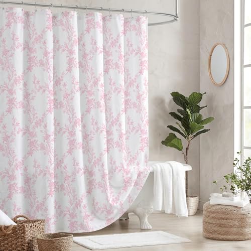 TURKIO Pink Floral Shower Curtain, Vintage Cotton Linen Cottagecore Shower Curtains for Bathroom