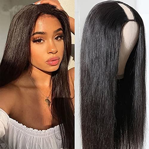 U Part Human Hair Wig For Black Women 10A U Part Wig Human Hair 150% Glueless U Shape Clip in Half Wig Natural Black Color 22 inch