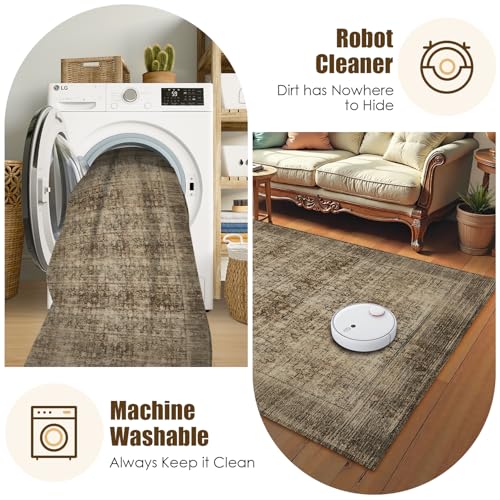 Washable Area Rug 3' x 5 ' Vintage Traditional Persian Mat - Foldable Distressed Non-Slip Machine Washable Carpet for Living Room Bedroom Kitchen Home Decor - Mocha and Taupe - image 7