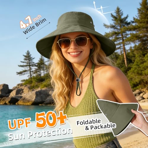 lippili Sun Hats for Women Wide Brim Bucket Hat Ponytail, Fishing Hat UPF 50+ Packable for Beach Gardening with Fold-Up Brim(Army Green) by lippili - Image 2