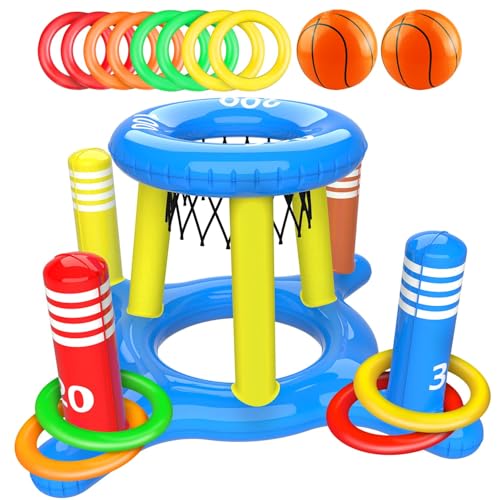 Jeux Piscine Gonflable Set, 2 en 1 Jeux d'eau en Piscine, Panier de Basket Flottant et Lancer D'anneaux, Journée D'été Jeu Piscine de Fête en Extérieur...