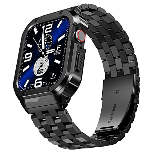 SUPLINK Stainless Steel Case with Band Compatible with Apple Watch Strap Series SE 9 8 7 6 5 4 3 2 1 38mm 40mm 41mm Metal Rugged Protector Cover for iWatch Men (Black)