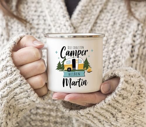 SpecialMe® Emaille-Tasse Camping Wohnmobil personalisiert mit Namen persönliche Geschenke für Camper Weiss-metall Emailletasse – Ansicht 6