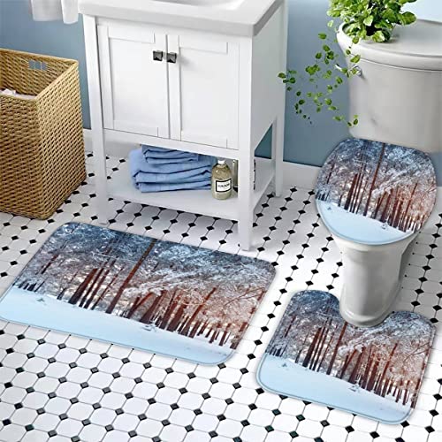 Badezimmer Badematte 3 Teilig Set Winterlandschaft rutschfest Badteppiche Saugfähig Badezimmermatte Weich WC-Deckelbezug… – Bild 4