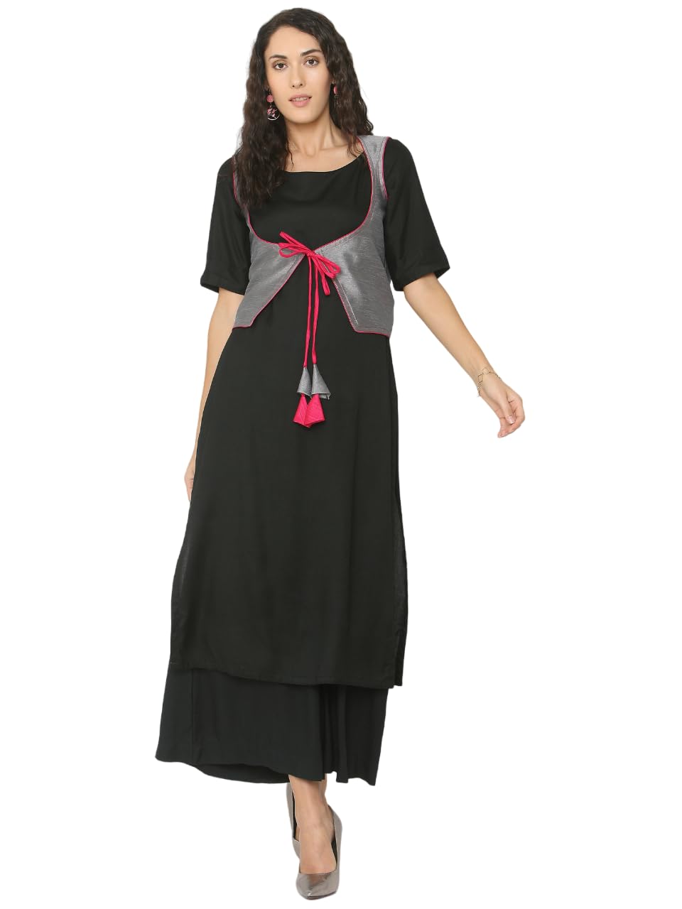 SHADES OF FAASHION Women's Casual Black Rayon Boat Neck Kurti Paired with Palazzo and Silk Grey Koty (Black)