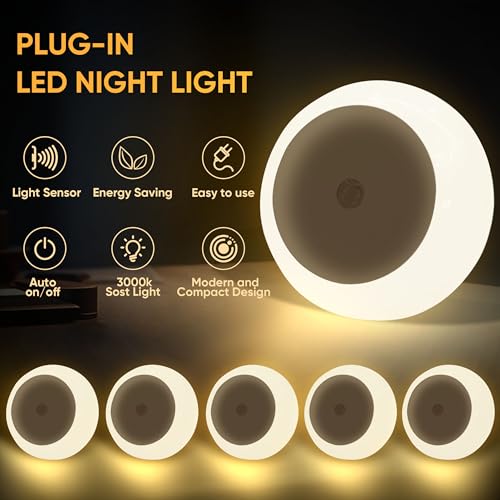 Image of LED Night Lights Plug into Wall 6 Packs,Dusk-to-Dawn Light Sensor with Automatically Turn on and Off Wall Night Light for Bedroom,Bathroom,Stairs,Corridor (Warm White, Round-6pack)