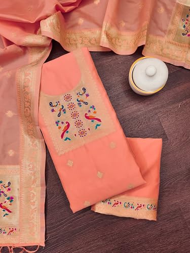 Image of DEVANGI Women's Banarasi Silk Unstitched Salwar Suit Dress Material With Dupatta