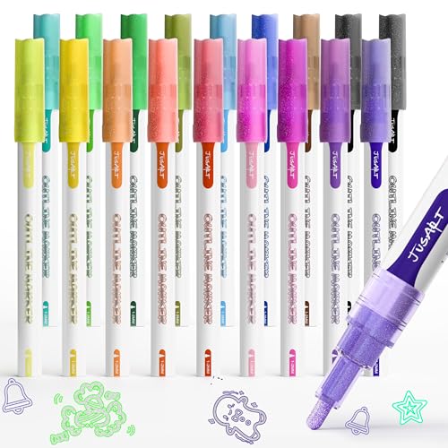 JusArt Outline Sparkle Markers, 18 Metallic Shimmer Pens for Adult Coloring, Cool Fun Drawing Supplies for Valentines Day, Easter, Christmas, Halloween