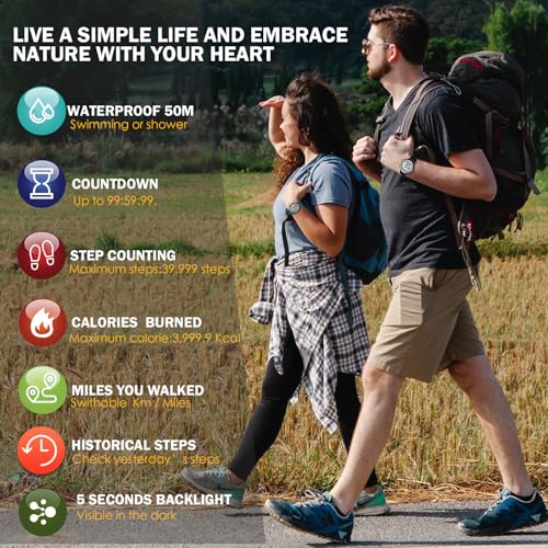 Sport Wasserdicht Schrittzähler Uhr zum Gehen Kein Aufladen Keine App Verbindung mit EL Hintergrundbeleuchtung Einfache, praktische Wahl für mobile Fitnessbegeisterte TIMEURE-2308 (Schwarz)
