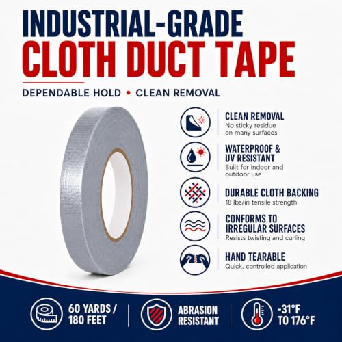 Image of GGR Supplies CDT-36 Industrial Grade Cloth Duct Tape, Grey 1 /2 Inch x 60 Yards, Waterproof UV Resistant Heavy Duty, Clean Removal with No Sticky Residue for Repairs, Packaging, and Bundling
