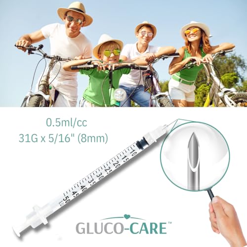 Image of GLUCO-CARE 0.5 ml /cc Syringes 31G x 5 /16'' (8mm), 100 /box | Fine Tip, Home & Lab Use, Clear Barrel, Bold Scale, Smooth Plunger Movement with back-end stopper, Leak-Proof Design