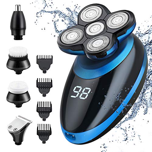 Electric Shaver for Men Grooming Kit with Rotary Shaver Hair Nose Trimmer, LED Display, IPX5 Waterproof Dry Wet Shaving & USB Rechargeable?Blue)