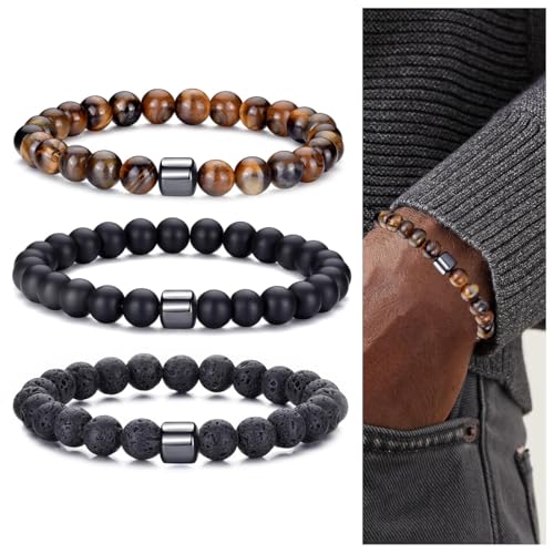 KEWUF 3 Pcs Bracelet Oeil de Tigre Homme, Bracelet Pierre Naturelle Homme Ensemble de Bracelets Réglables et Extensibles en Pierre de Lave pour Hommes Bracelets de Perles Cadeaux pour Père Petit Ami