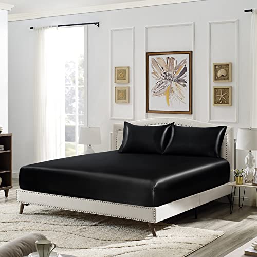 Image of SiinvdaBZX 3-Piece Set Satin King Fitted Sheet & 2 Pillowcase, Black Silky Soft Fitted Bottom Sheet, Wrinkle Free, Fade Resistant, Deep Pocket Bed Sheet (Deep Up to 15 inch)