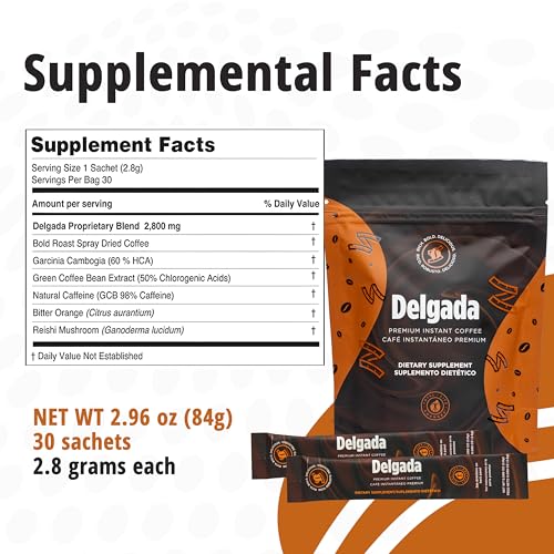 Delgada Instant Coffee - Premium Garcinia Cambogia and Ganoderma, Rich Bold Taste - 30 Sachets