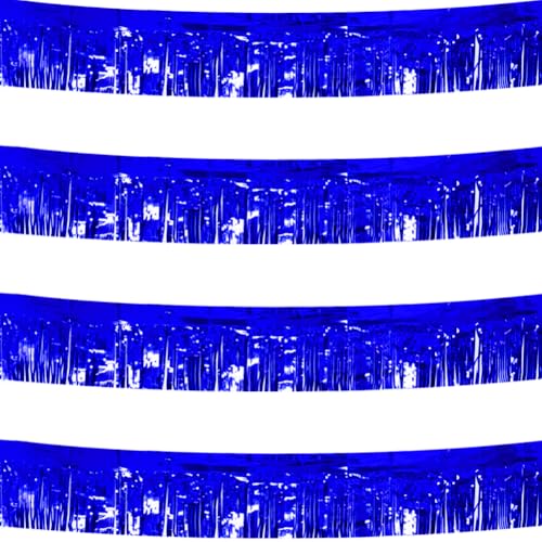 Image of 4 Pack Royal Blue Total 40 Feet Foil Fringe Garland Metallic Tinsel Banner Wall Hanging Drapes Parade Float Skirting Decorations for Trailer Mardi Gras Party Birthday Wedding Baby Shower