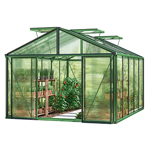 GFP Gewächshaus Asteria 23 Premium 311x385 cm mit integriertem Fundament 16 mm Doppelstegplatten, Farbe Moosgrün